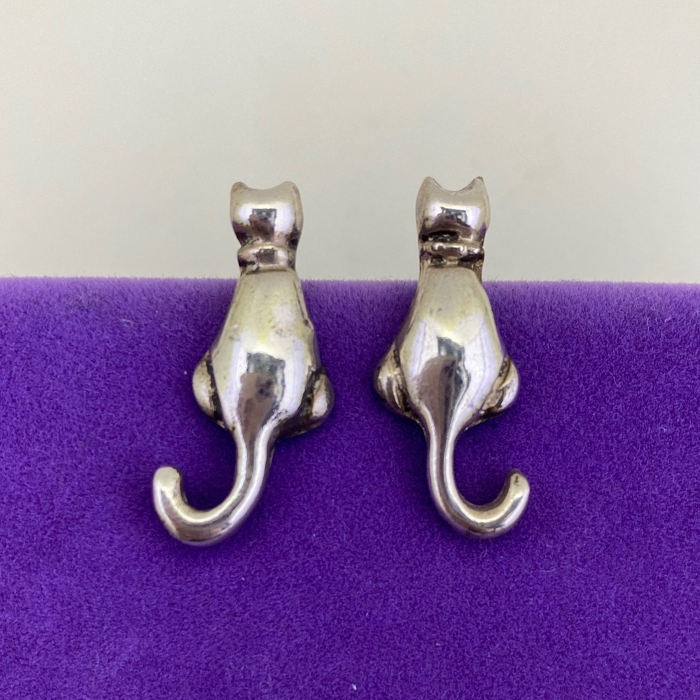 💛 Vintage Sterling Silver Cat Earrings | Back-Facing Kitty Feline Whimsical